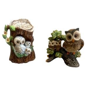 Vintage Owl Figurine Set Enesco & Ardco Porcelain Bird Decor Retro Woodland